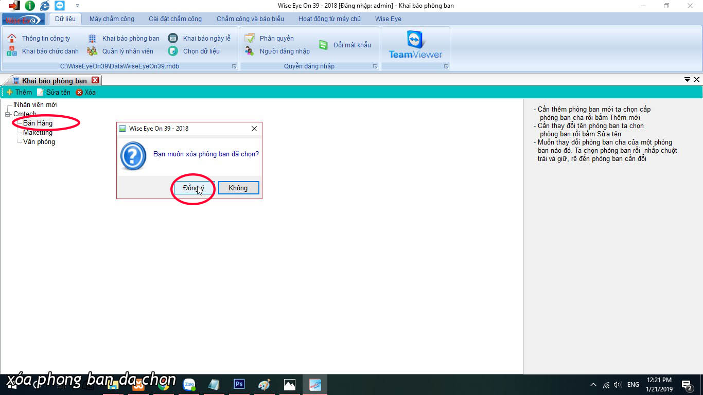 xóa phòng ban trên phần mềm chấm công wise eye on 39 với máy tính