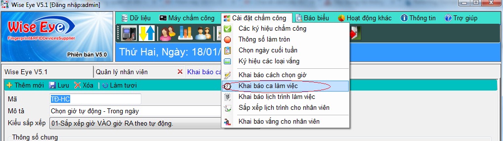 Khai báo ca làm việc trên phần mềm chấm công wise eye v5